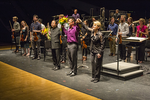 Sheng soloist Wu Wei, composer Huang Ruo, and conductor Marin Alsop following the West Coast premiere of Ruo's The Color Yellow. Photo by rr jones.