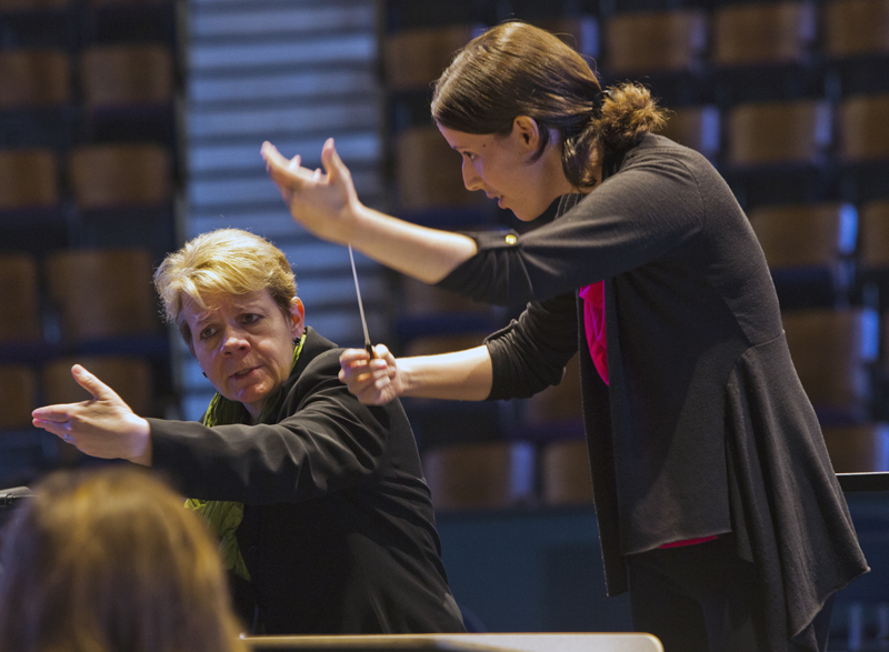 Marin Alsop works with a young conductor in the Conducting Workshop. Photo by rr jones.