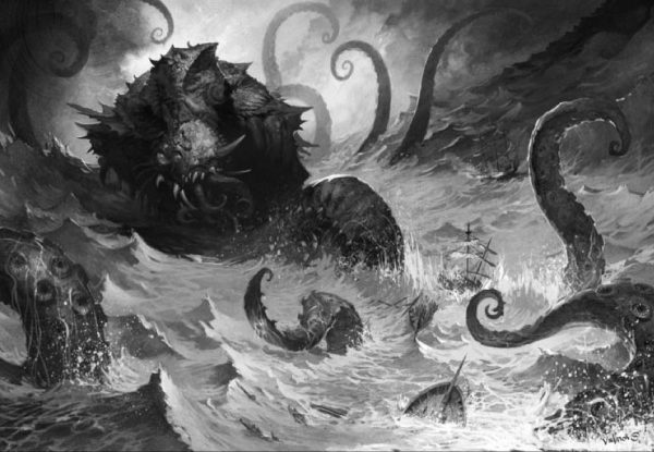 Illustration of Kraken in ocean attacking ship