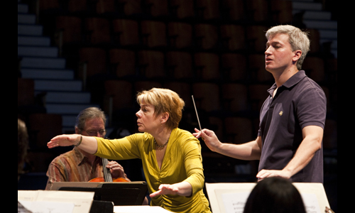 Conductors/Composers Workshop participant Eric Garcia with Marin Alsop. Photo: rr jones