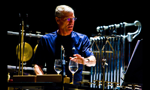 Percussionist Galen Lemmon plays a pair of crystal wineglasses in Someone Else's Child. Photo: rr jones