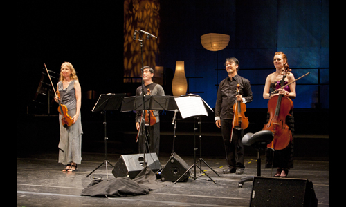 Del Sol String Quartet takes bows following their “In the Blue Room” appearance. Photo: rr jones