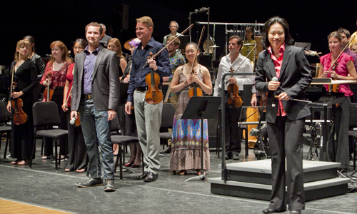 Composer Sean Friar and conductor Carolyn Kuan following the world premiere of Friar's John Adams commission, 'Noise Gate.' Photo by rr jones.