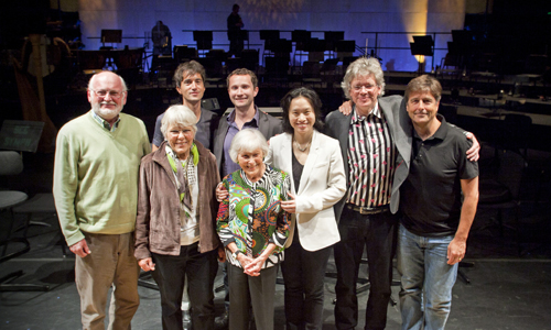 Concert sponsors Bruce & Linda Nicholson and Josie Little (left, front) with composers Mason Bates, Sean Friar (at rear), Thomas Newman (at right), conductor Carolyn Kuan (center) and David Harrington of Kronos Quartet. Photo by rr jones.