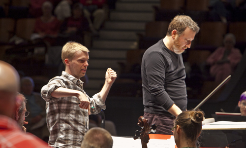 Composer Andrew Norman and guest composer Brad Lubman in rehearsal. Photo by rr jones.