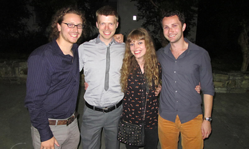 Young composers make life-long friendships at the Cabrillo Festival! L-R: Dylan Mattingly, Andrew Norman, Holly Harrison, Sean Friar.Photo by rr jones.