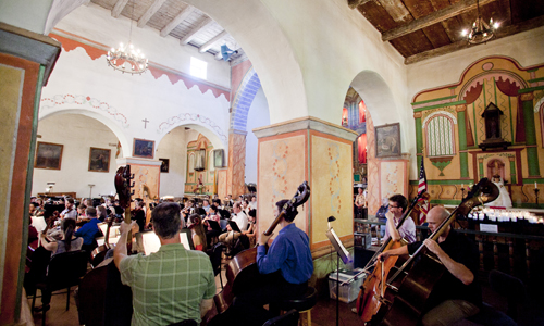 Cabrillo Festival Orchestra bass section, Mission San Juan Bautista. Photo by rr jones.