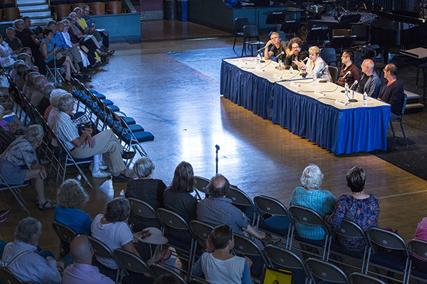 Meet the Composers panel included Nathaniel Stookey, David T. Little, Huang Ruo, Sebastian Currier, and Jonathan Newman. Photo by rr jones.