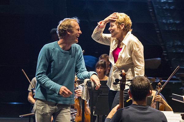 Composer Nathaniel Stookey and conductor Marin Alsop share a laugh in rehearsal. Photo by rr jones.
