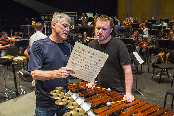 Principal percussionist Galen Lemmon reviews the MacMillan score with soloist Colin Currie. Photo by rr jones.