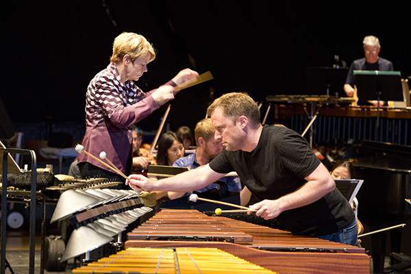 Marin Alsop and Scottish percussionist Colin Currie in rehearsal. Photo by rr jones.