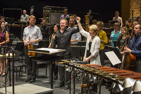Colin Currie and Marin Alsop, following the US premiere of James MacMillan's Percussion Concerto No.2. Photo by rr jones.