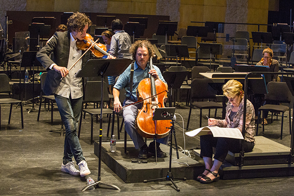 Tim Fain (violin), Matt Haimovitz (cello), and Maestra Marin Alsop have a pre-rehearsal session for Philip Glass' Double Concerto for Violin and Cello. Photo by rr jones.