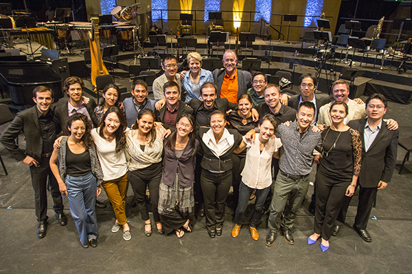 2015 Conductor/Composer Workshop participants, auditors, and composers, with faculty (at rear): Huang Ruo, Marin Alsop, and James Ross. Photo by rr jones.