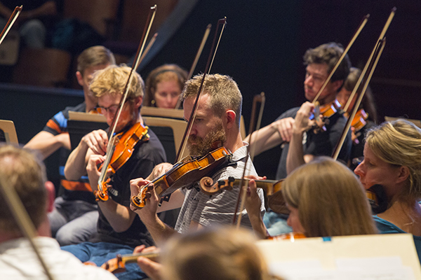A sea of bows and scrolls surround principal violin II Matt Albert. Photo by rr jones.
