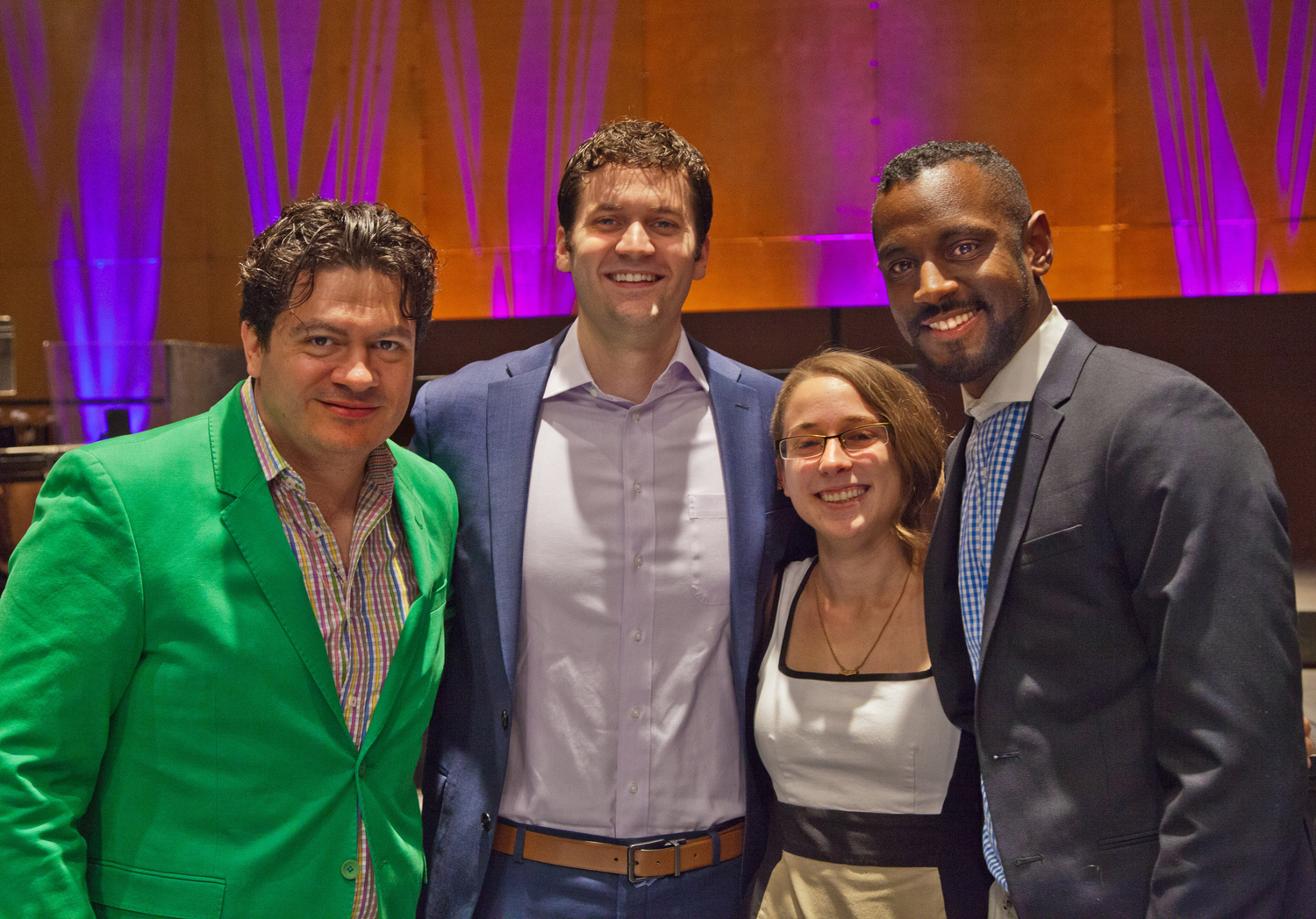 Cristi with Composers Workshop finalists (L-R): Charles Peck, Natalie Dietterich, and Carlos Simon.
