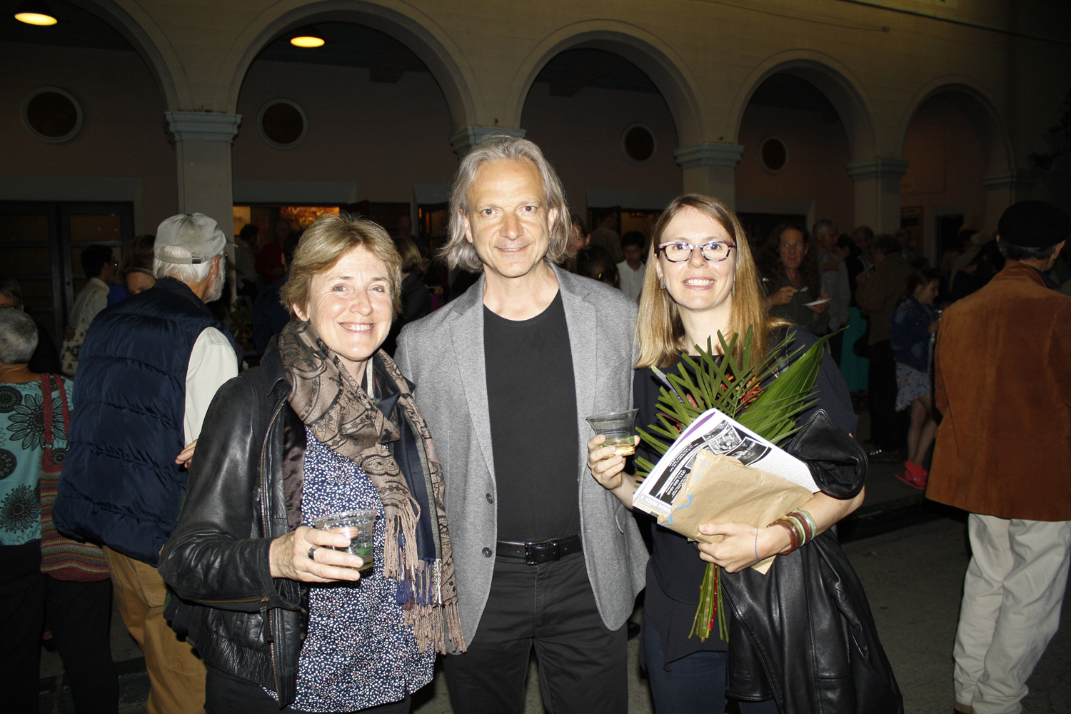 Lecturer Prue Ashurst with composers Michael Gandolfi and Anna Clyne at the post-concert reception outside the Santa Cruz Civic. (staff photo)