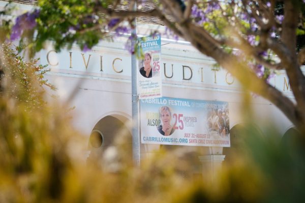 The Civic Auditorium, festooned for Marin Alsop's 25th and final season at the helm of Cabrillo Festival. Photo by Crystal Birns.