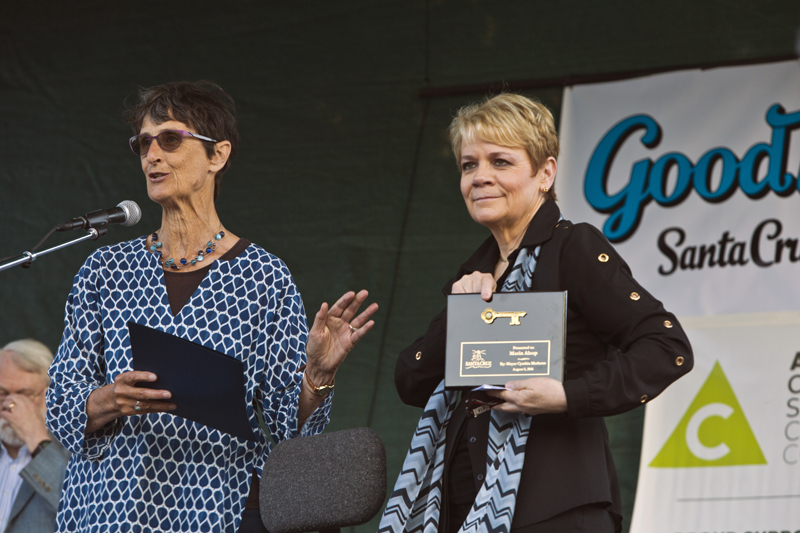Mayor Cynthia Matthews gifts Marin with the key to the City of Santa Cruz! Photo by rr jones.
