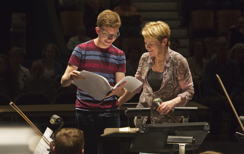 Young composer Michael Kropf and Marin Alsop in rehearsal. Photo by rr jones.