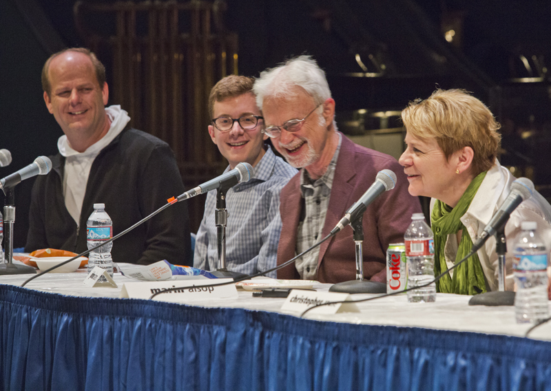 Meet the Composers is no somber academic affair! Marin shares a laugh with John Adams, Michael Kropf and Alexander Miller. Photo by rr jones.