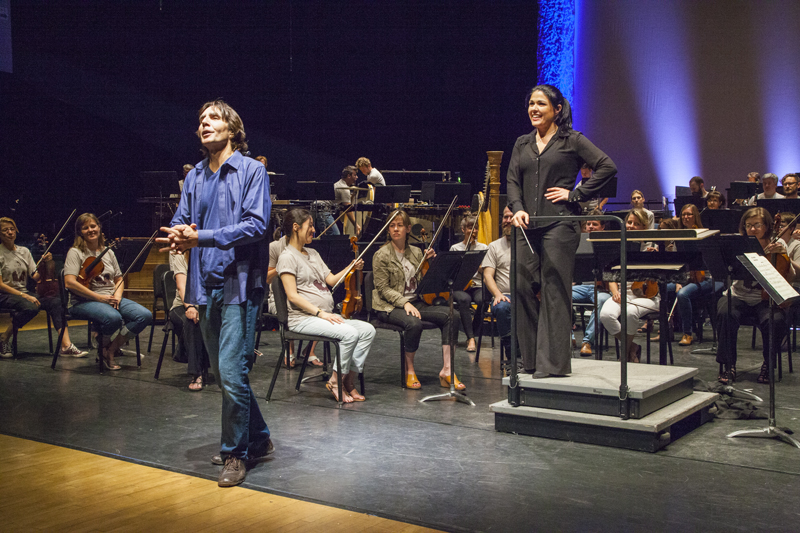 Composer/narrator Greg Smith and conductor Alexandra Arrieche during the Free Family Concert. Photo by rr jones.