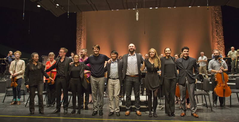 Conductors/Composers Workshop participants take a bow following their 'In the Works' concert. Photo by rr jones.