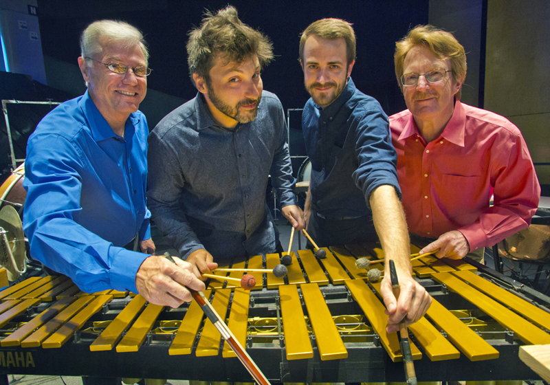 Festival percussionists Galen, Svet, Nick and Ward, keeping the fun in new music! photo by rr jones