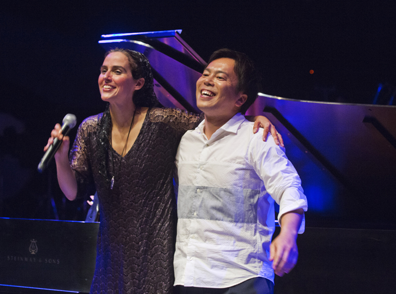 Composer/pianist/vocalist Clarice Assad and percussionist Keita Ogawa take a bow following their Blue Room performance at the SC Civic. photo by rr jones