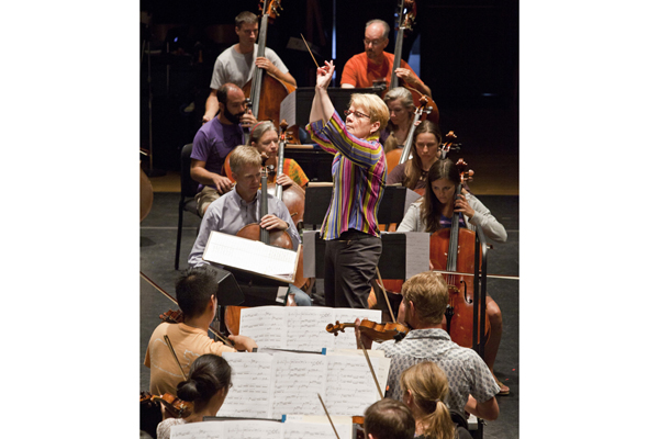 Marin Alsop, surrounded by Festival strings. Photo by rr jones.