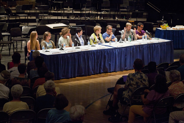 Meet the Composers panel, featuring Gabriella Smith, TJ Cole, Dylan Mattingly, Jennifer Higdon, Marin Alsop, Mark-Anthony Turnage, Andrew Norman, and Jonathan Sheffer. Photo by rr jones.