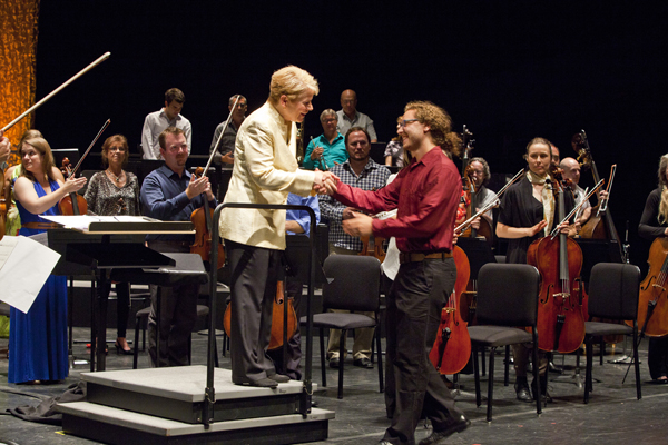 Marin Alsop congratulates composer Dylan Mattingly following the world premiere of 'Sky Madrigal.' Photo by rr jones.