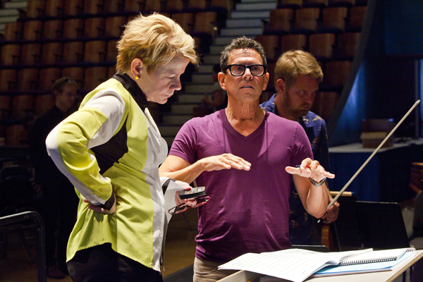 Marin Alsop and composer Jonathan Sheffer prepare for theWorld Premiere of his children's work, 'Conference of the Birds.' Photo by rr jones.