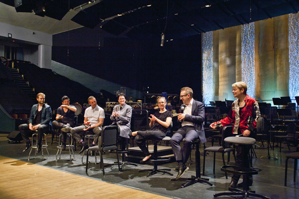 Post-concert talkback with guest artists Time for Three, composers Jennifer Higdon, TJ Cole, Mark-Anthony Turnage, and Marin Alsop. Photo by rr jones.