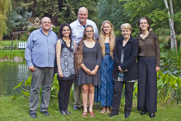 Second weekend composers-in-residence with the Maestra (L-R): Detlev Glanert, Stacy Garrop, Michael Daugherty (rear), TJ Cole (front), Gabriella Smith, Marin Alsop, and Clarice Assad. Photo by rr jones.