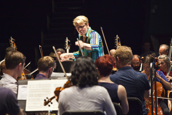 Maestra Marin Alsop at the helm of her award-winning Cabrillo Festival Orchestra. Photo by rr jones.