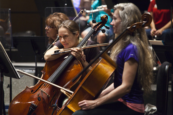 Festival cellists Kathleen Balfe and Kristin Ostling take a breather between thousands of notes. Photo by rr jones.