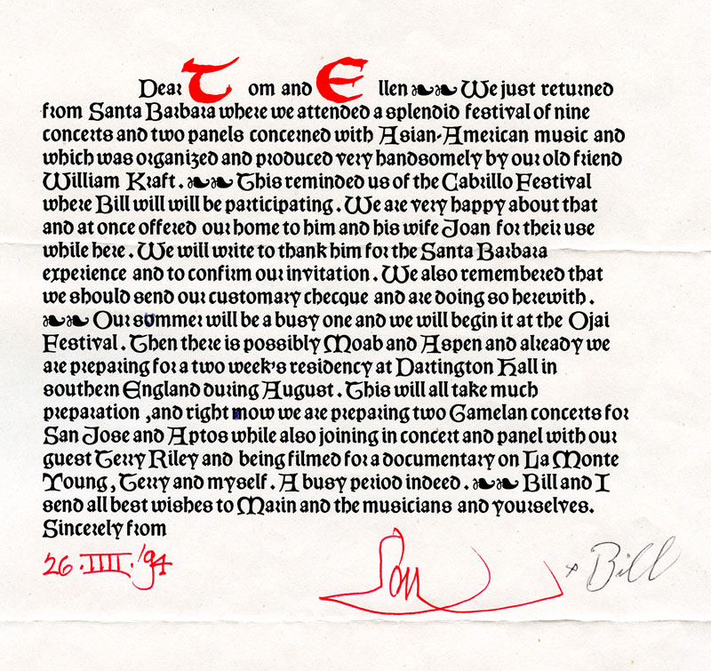 Harrison Letter to Tom Fredericks and Ellen Primack, 1994