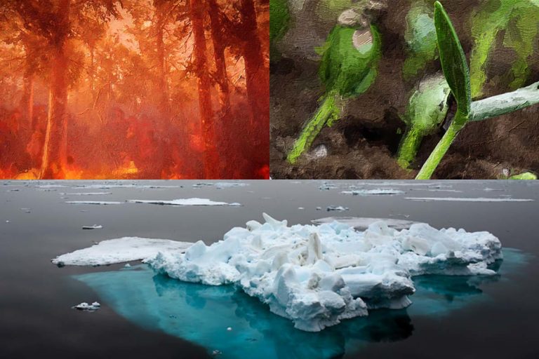 Collage of red forest, green sprouts, and iceberg