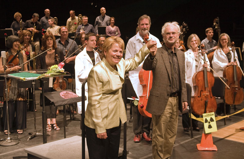 Marin Alsop and John Adams following performance of Dr. Atomic Symphony, 2008, photo by rr jones