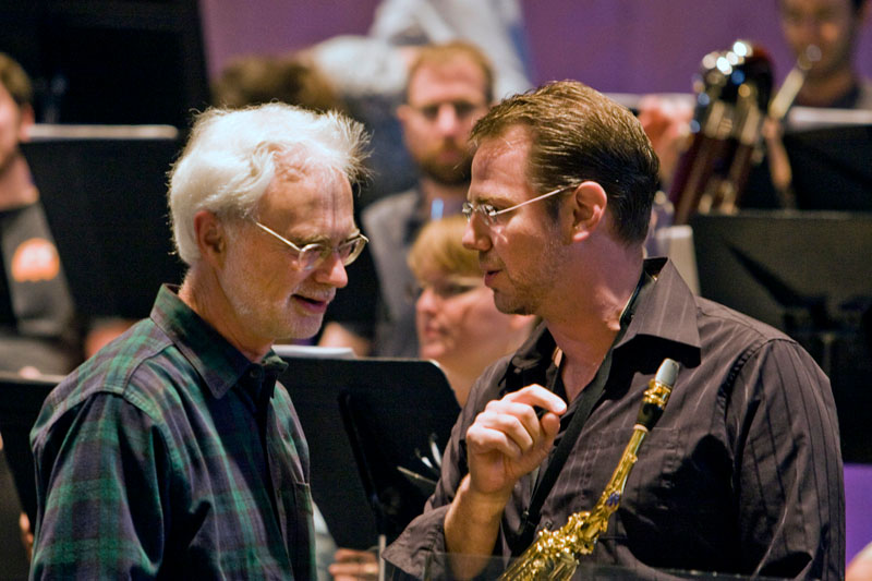 John Adams in rehearsal with Timothy McAllister for the West Coast premiere of Adams' Saxophone Concerto, 2014, by rr jones.