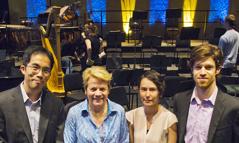 Composers Takuma Itoh, Emily Praetorius, and Brendan Faegre with Maestra Marin Alsop, 2015