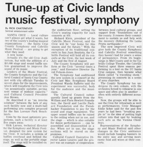 Newspaper clipping: Tune-up at Civic lands music festival, symphony