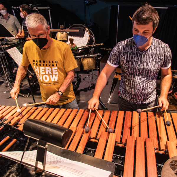 Two percussionists playing marimba
