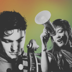a collage of a man holding a cello and a woman singing into a megaphone