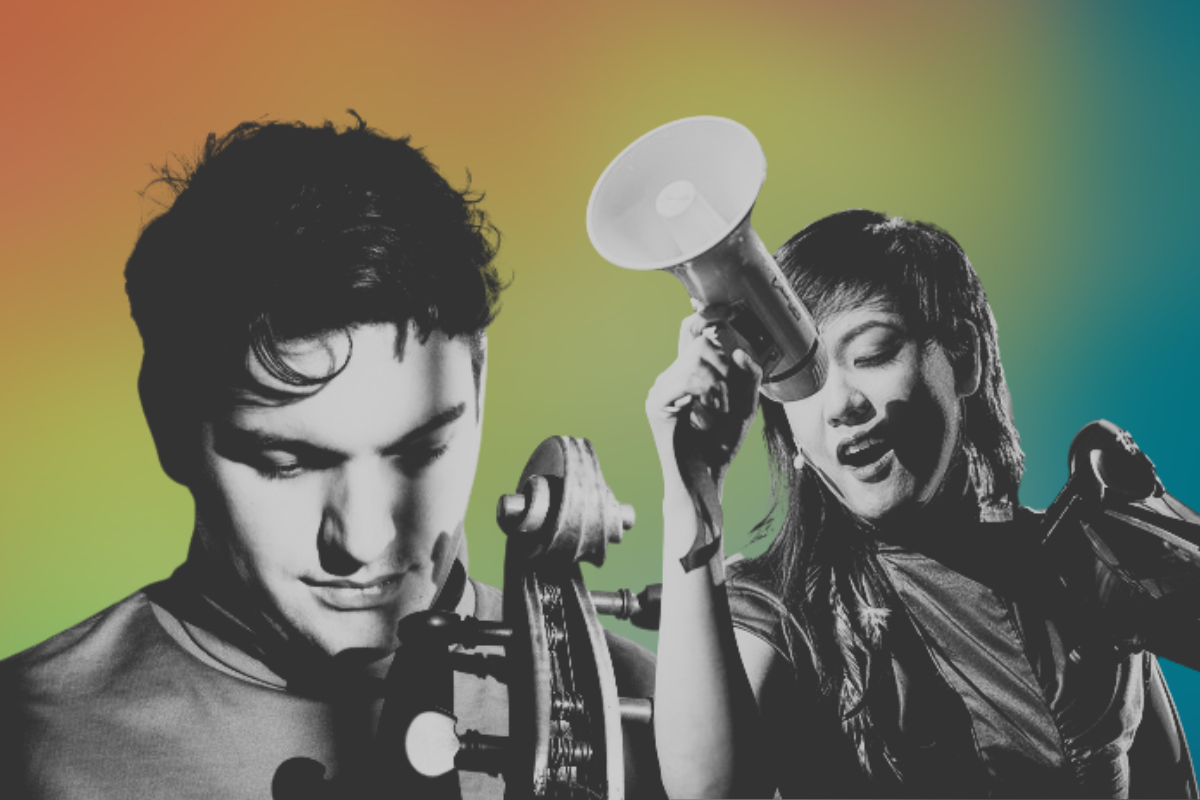 a collage of a man holding a cello and a woman singing into a megaphone