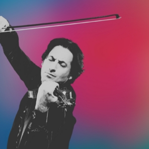 a man dramatically playing the violin on a colorful background