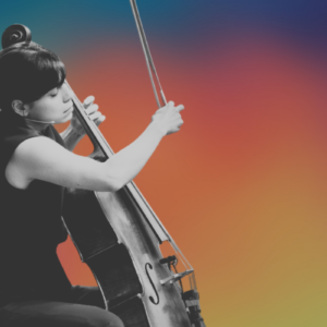 woman playing a cello on a colorful background