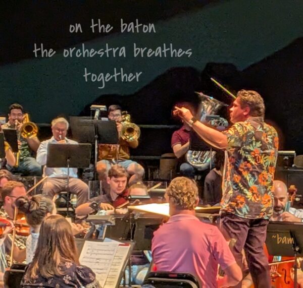 Haiku by Bev Momoi on the baton the orchestra breathes together