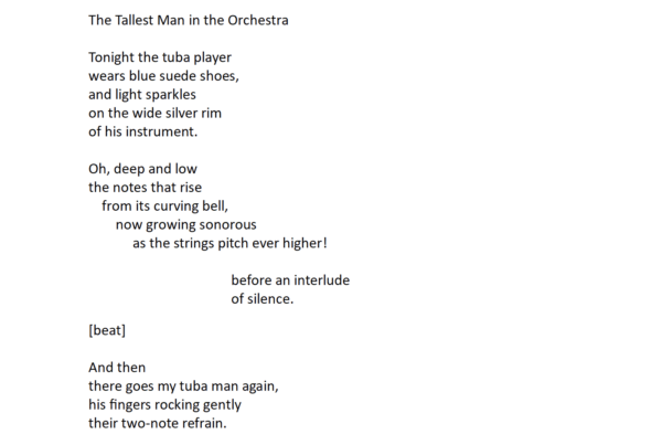 Tonight the tuba player wears blue suede shoes, and light sparkles on the wide silver rim of his instrument. Oh, deep and low the notes that rise from its curving bell, now growing sonorous as the strings pitch ever higher! before an interlude of silence. [beat] And then there goes my tuba man again, his fingers rocking gently their two-note refrain.